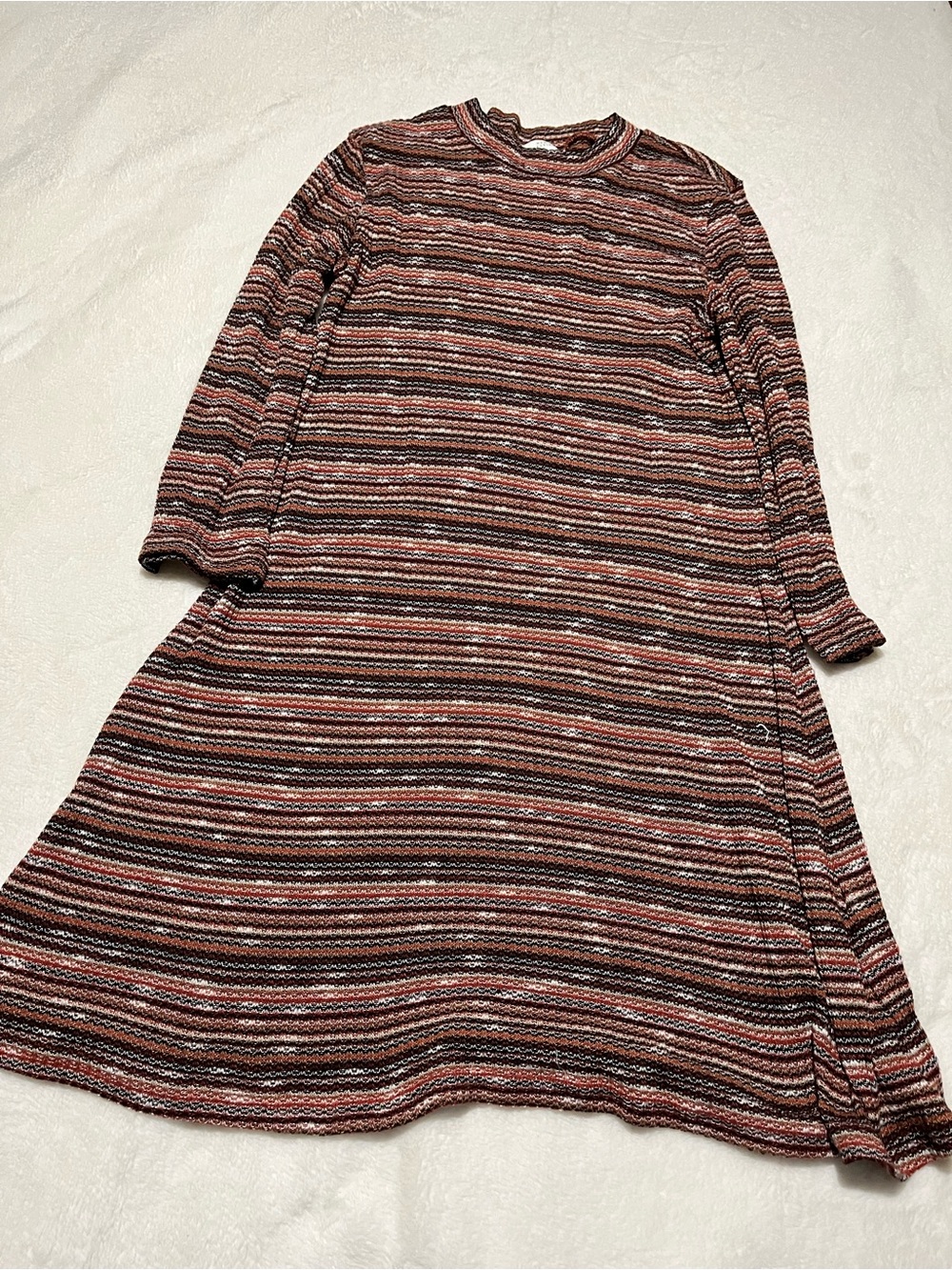 New Directions Striped Long Sleeve Knit Dress in Rust, Black, Cream, and Brow